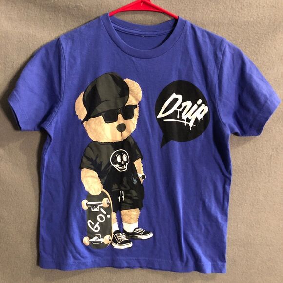 boys graphic tee small s blue bear drip street hip hop skater crew neck aa - Picture 1 of 7